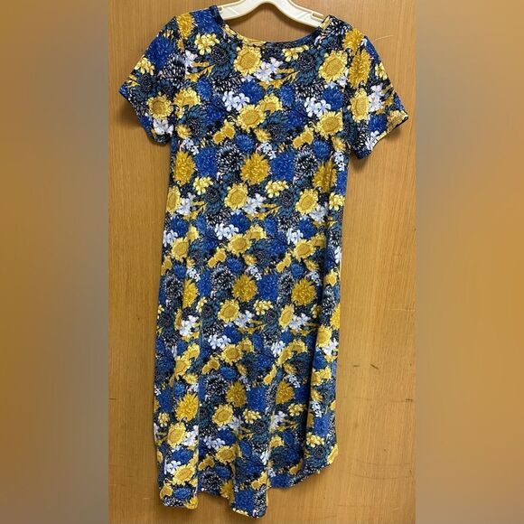 LuLaRoe XXS Carly Blue Gold Floral Knit Crewneck Short Sleeve High Low Dress - Picture 2 of 6